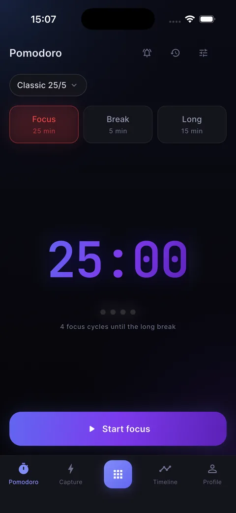 Focus screen: Pomodoro timer at 25:00
