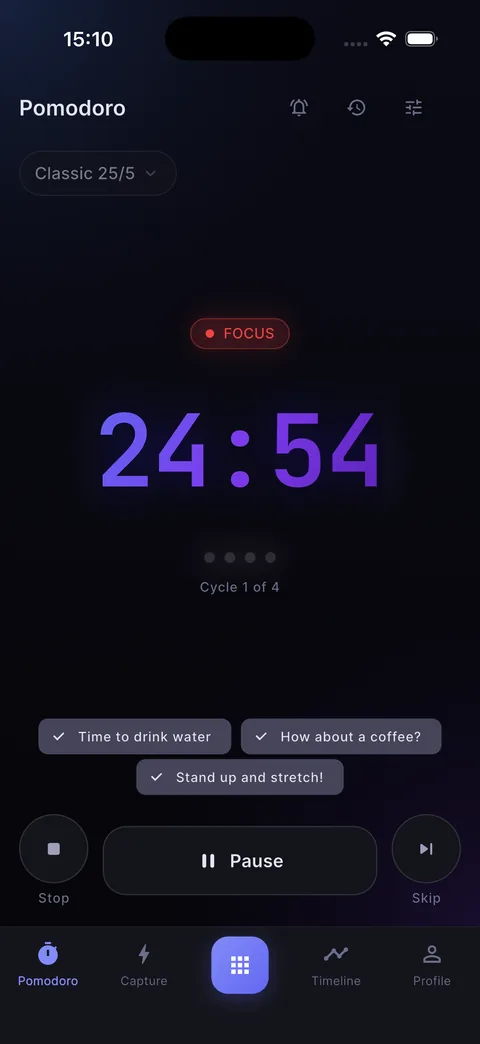 Focus screen with the timer running