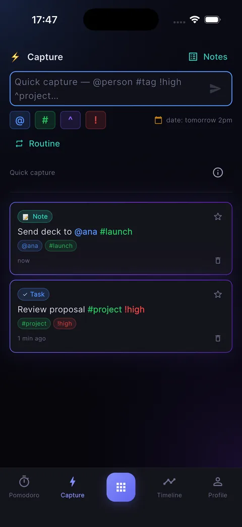 Notes screen: capture detecting tag and date