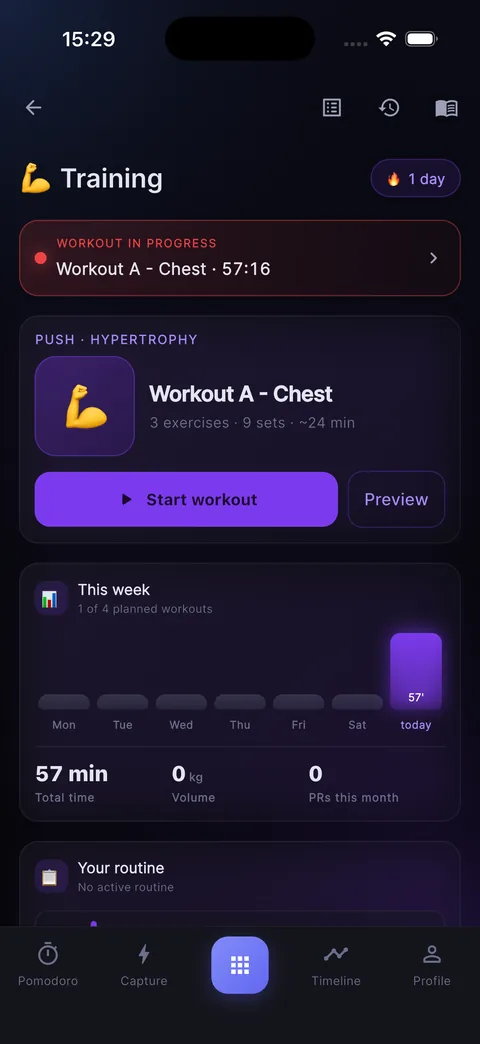 Training screen: chest workout with 3 exercises