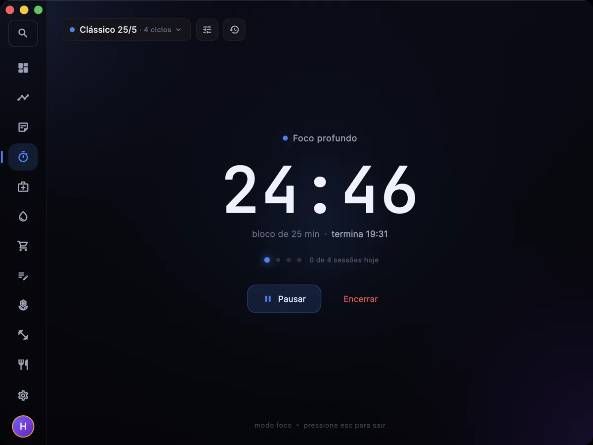 Tela de Foco no Mac: bloco de 25 min em andamento