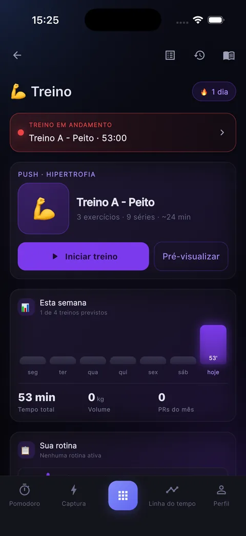 Tela de Treino: treino de peito com 3 exercícios